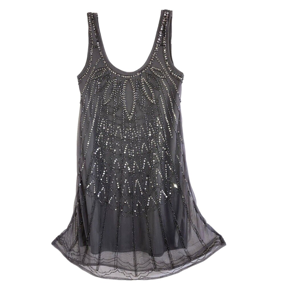 ANGIE XS / S Sleeveless Beaded Sequin Dress Lined Neutral Gray